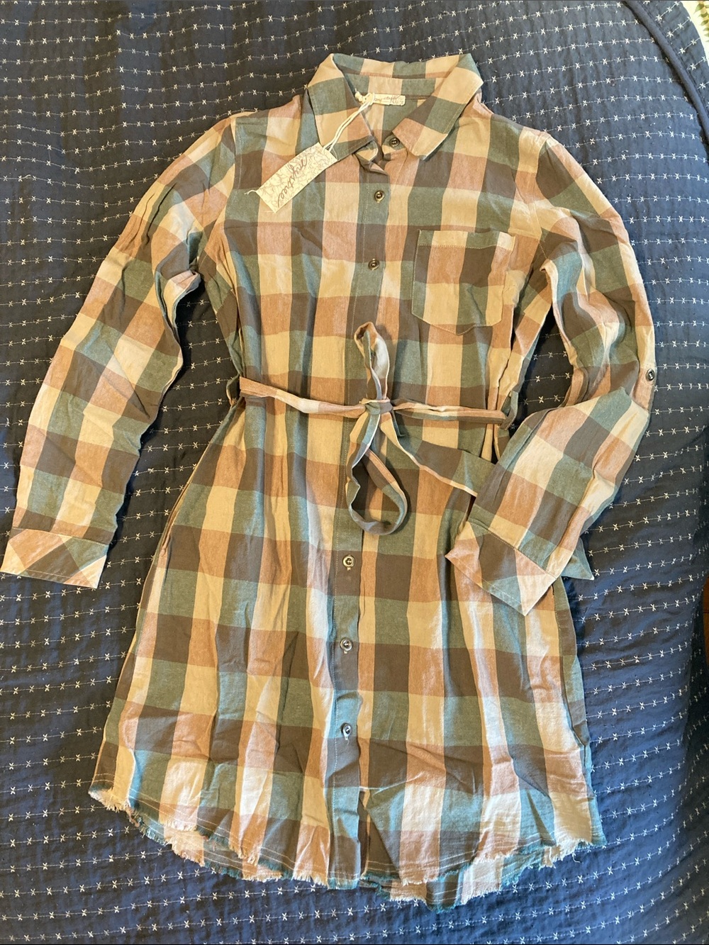 MYSTREE Green Plaid Tie Belt Button Down Cotton Shirt Dress